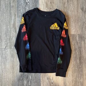 Adidas Kids Black Long Sleeve Tee with Colorful Sleeve Logos